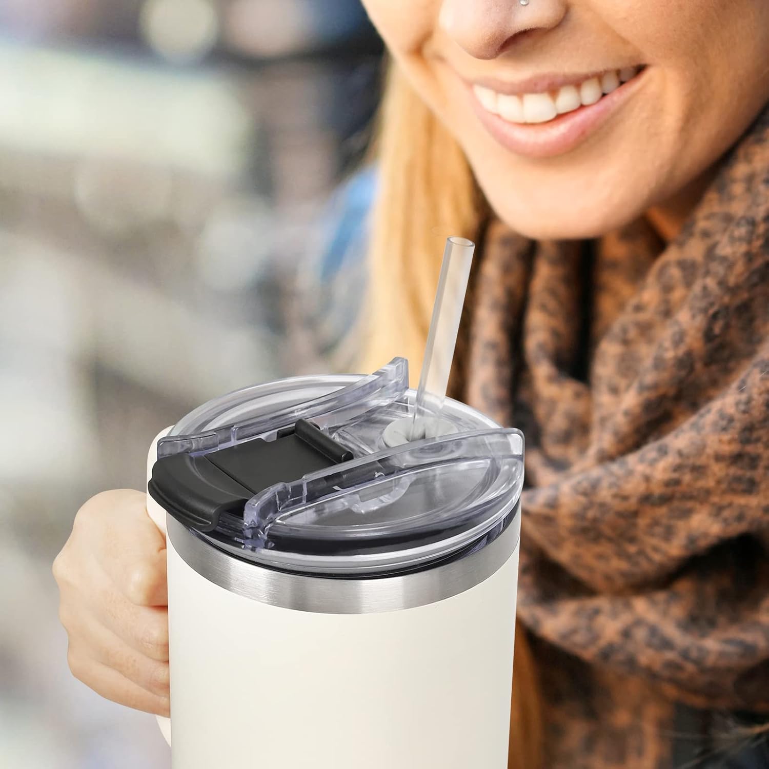 SOOZELEN – Vaso de 40 onzas con asa y tapa con popote, taza de viaje aislada, doble pared mantiene las bebidas frías y el calor durante mucho tiempo