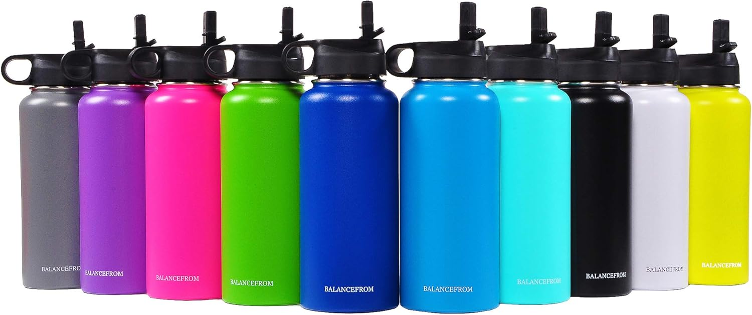 Signature Fitness Botella de agua de acero inoxidable con aislamiento al vacío de doble pared, 3 tapas incluidas, varios colores y tamaños
