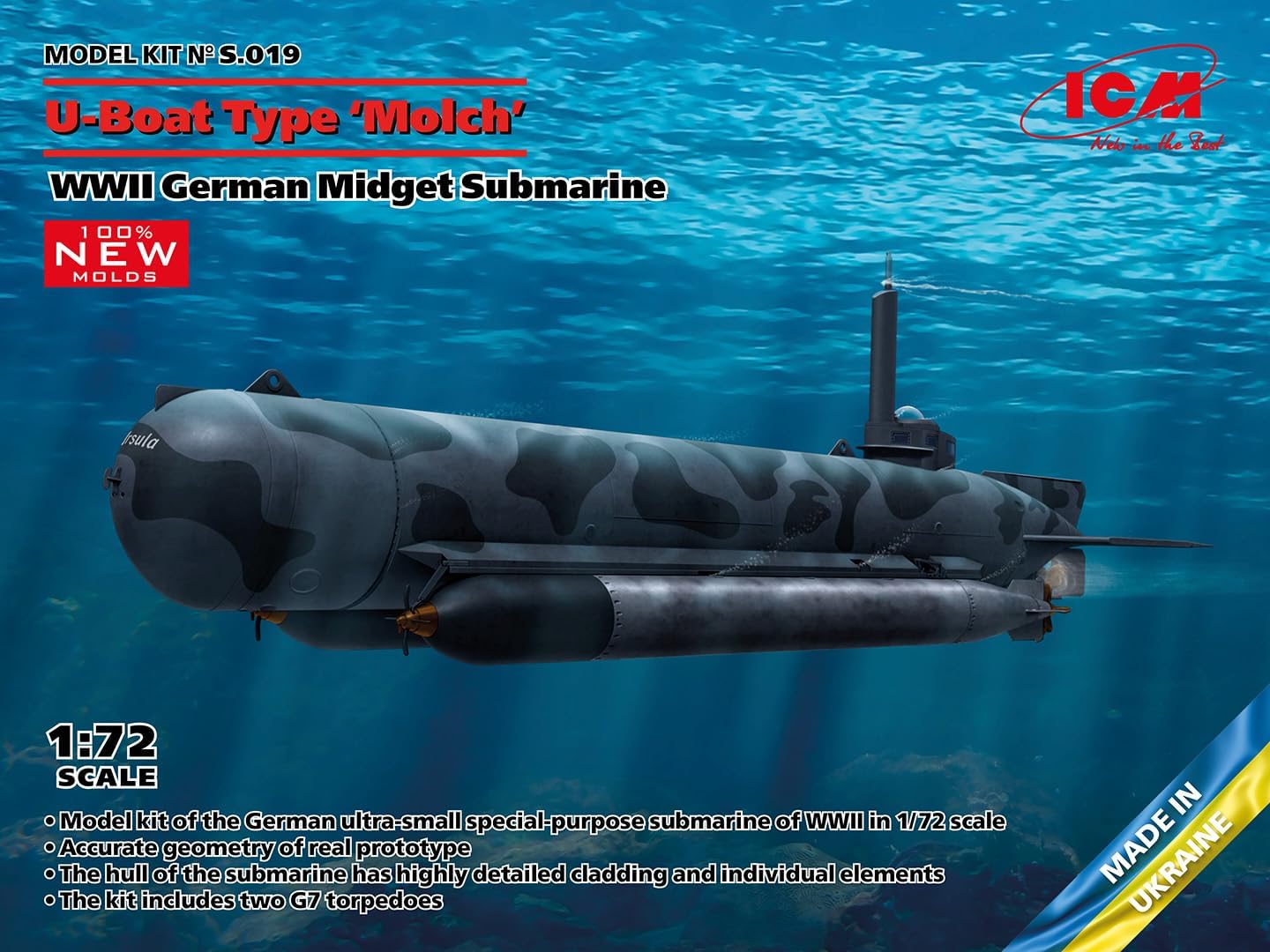 ICM S.019 – U-Boat Type ‘Molch’, Submarino alemán enano de la Segunda Guerra Mundial (100% nuevos moldes) – Escala 172