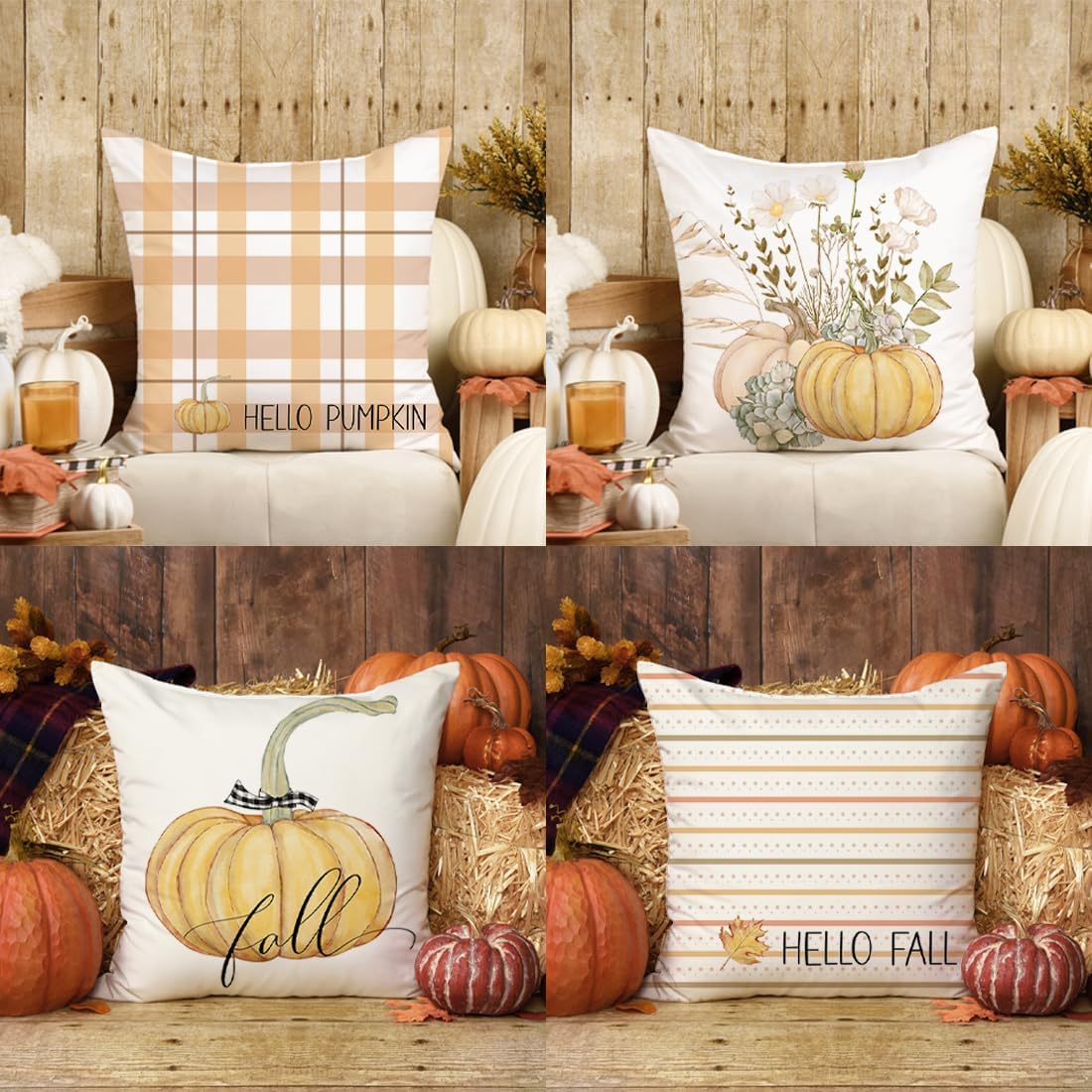 Juego de 4 fundas de almohada decorativas de otoño de 18 x 18 pulgadas, diseño de búfalo a cuadros de Hello Pumpkin Flor, decorativas, Acción de