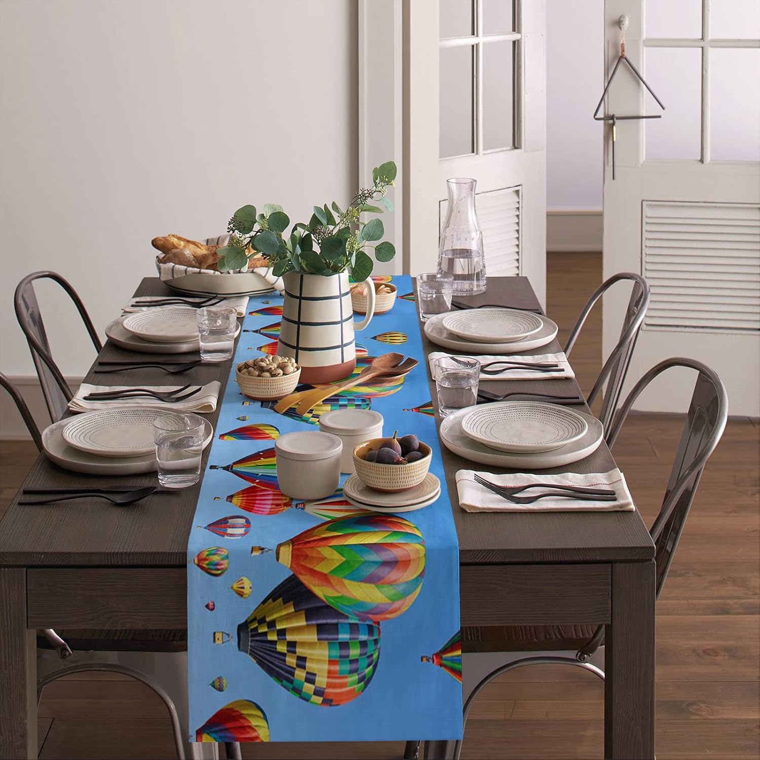 Colorido camino de mesa con globo aerostático de 72 pulgadas de largo algodón y lino, bufandas de tocador, arpillera azul cielo para cocina, cena,
