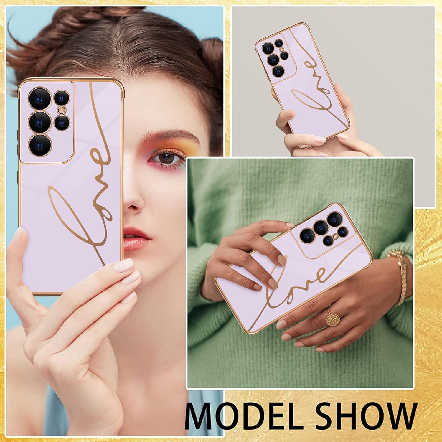 Funda compatible con Samsung Galaxy S21 Ultra 5G de 6.8 pulgadas con bonito corazón de amor lateral y patrón de letras de amor chapado para mujeres