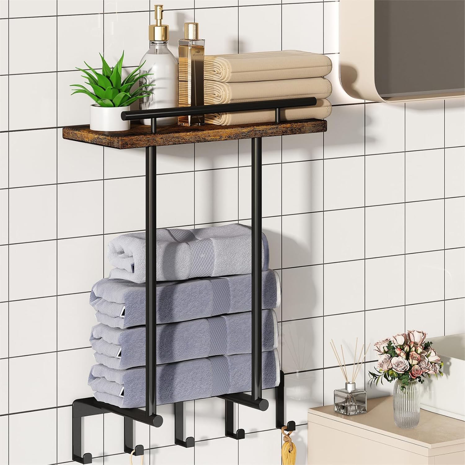 Godboat Toalleros para baño, toallero con estante de madera, 5 ganchos organizadores de baño y almacenamiento cerca del calentador de toallas,