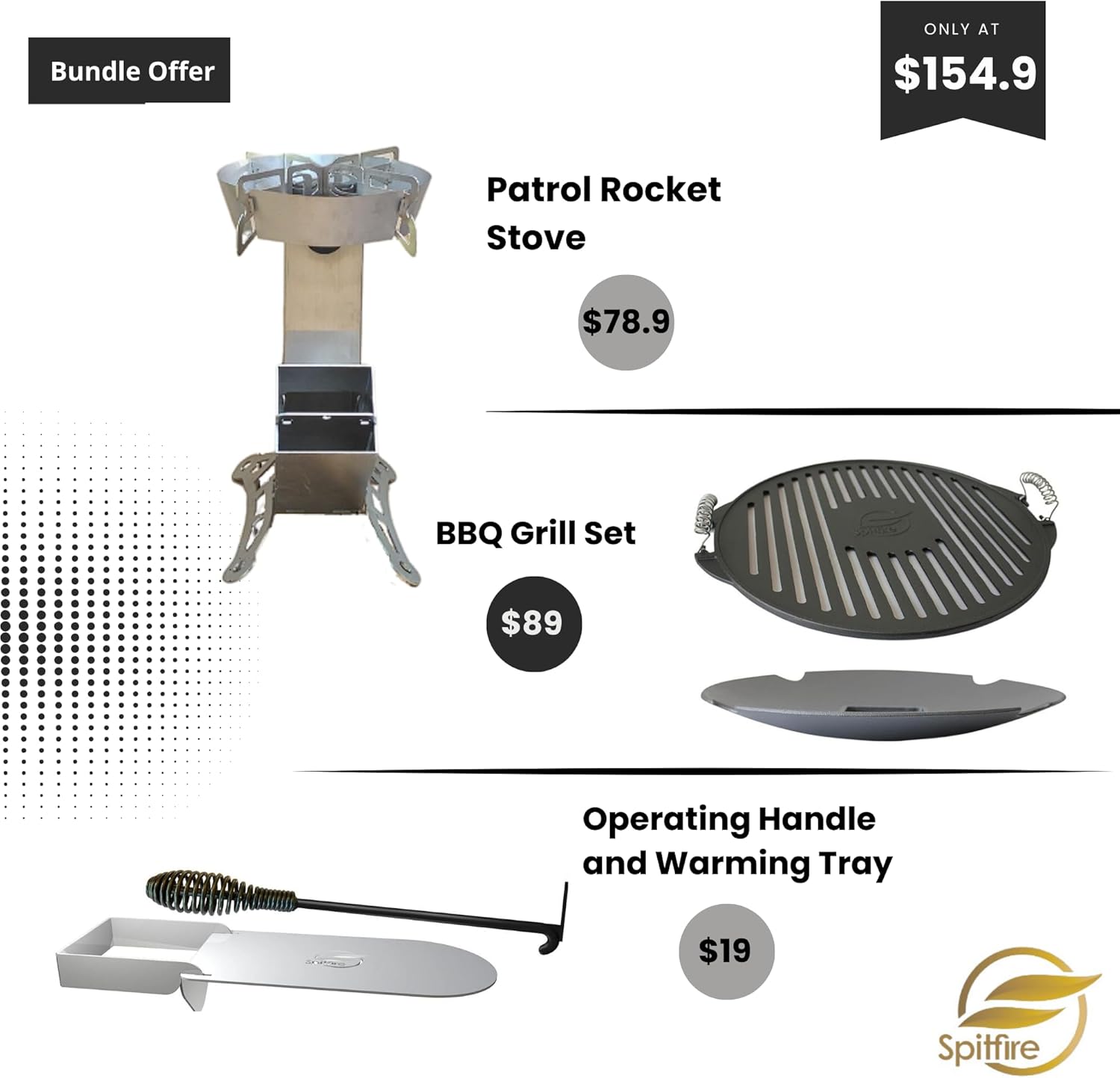 El mejor paquete de equipo de cocina al aire libre Spitfire Rocket Stove Patrol Edition! Incluye juego de parrilla Spitfire BBQ y el mango de