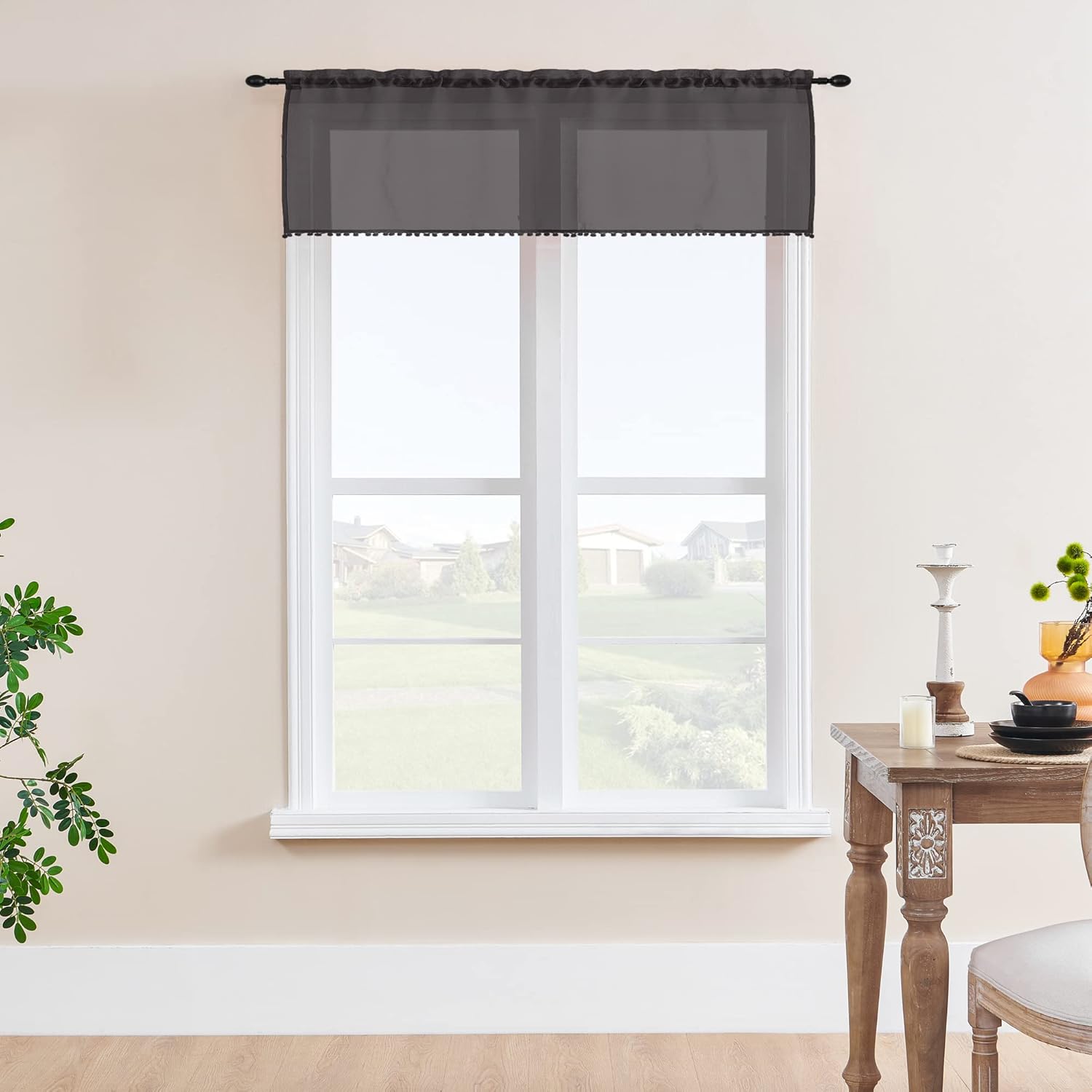 MISS SELECTEX Cenefa corta con pompones para ventana, juego de 2 paneles, cortinas semitransparentes para sala de estar, dormitorio, cortinas