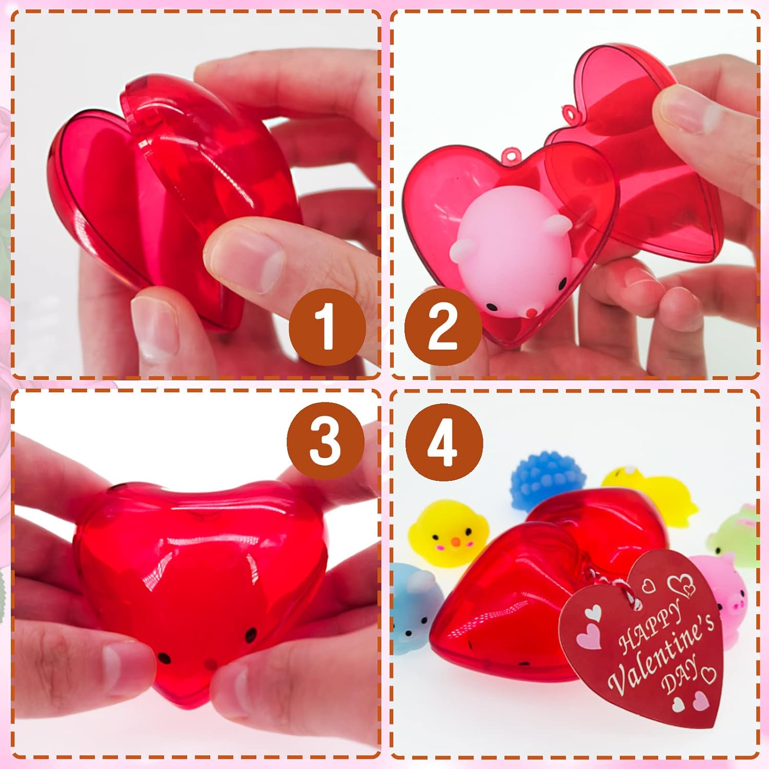 Paquete de 30 recuerdos de fiesta de San Valentín para niños, 30 juguetes esponjosos Mochi, caja de plástico de corazón rojo con tarjetas de San