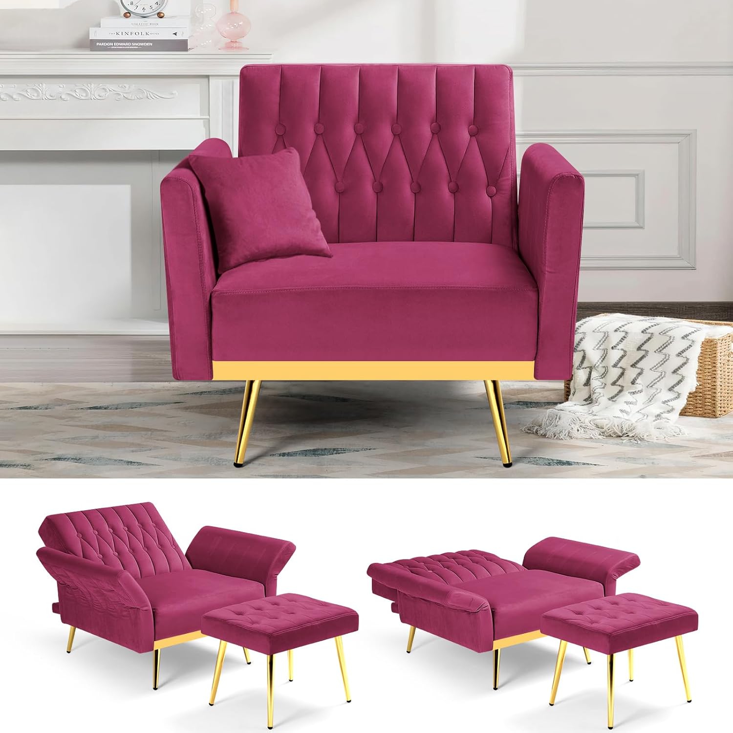Silla decorativa de terciopelo con respaldo y reposabrazos ajustables, sillón reclinable individual con otomana y patas mentales doradas para sala
