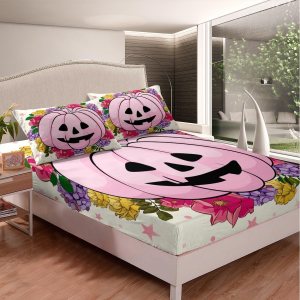 jejeloiu Juego de sábanas de Halloween rosa tamaño matrimonial, sábana bajera ajustable con farol de calabaza para niños y niñas, juego de ropa de jejeloiu Juego de sábanas de Halloween rosa tamaño matrimonial, sábana bajera ajustable con farol de calabaza para niños y niñas, juego de ropa de
