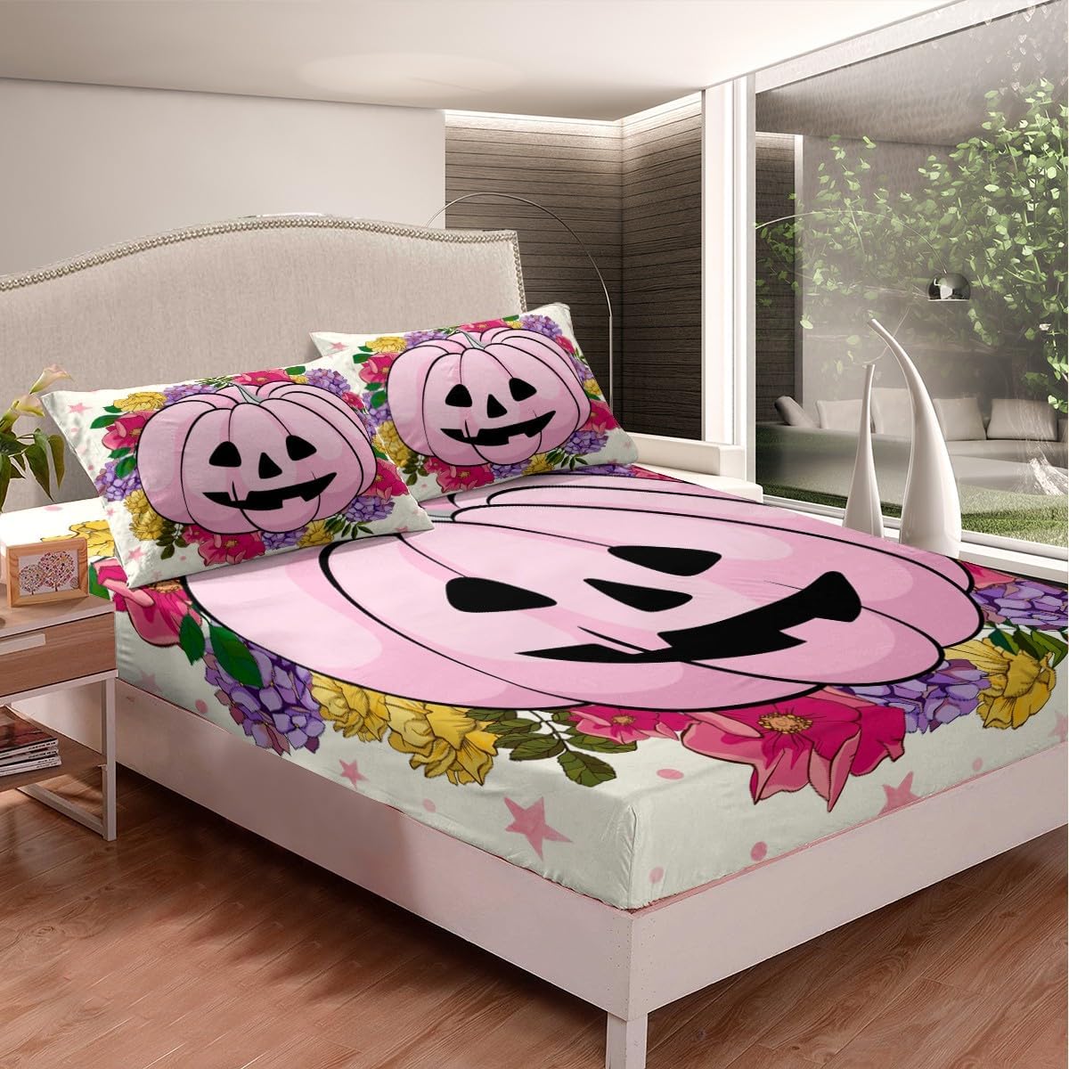 jejeloiu Juego de sábanas de Halloween rosa tamaño matrimonial, sábana bajera ajustable con farol de calabaza para niños y niñas, juego de ropa de