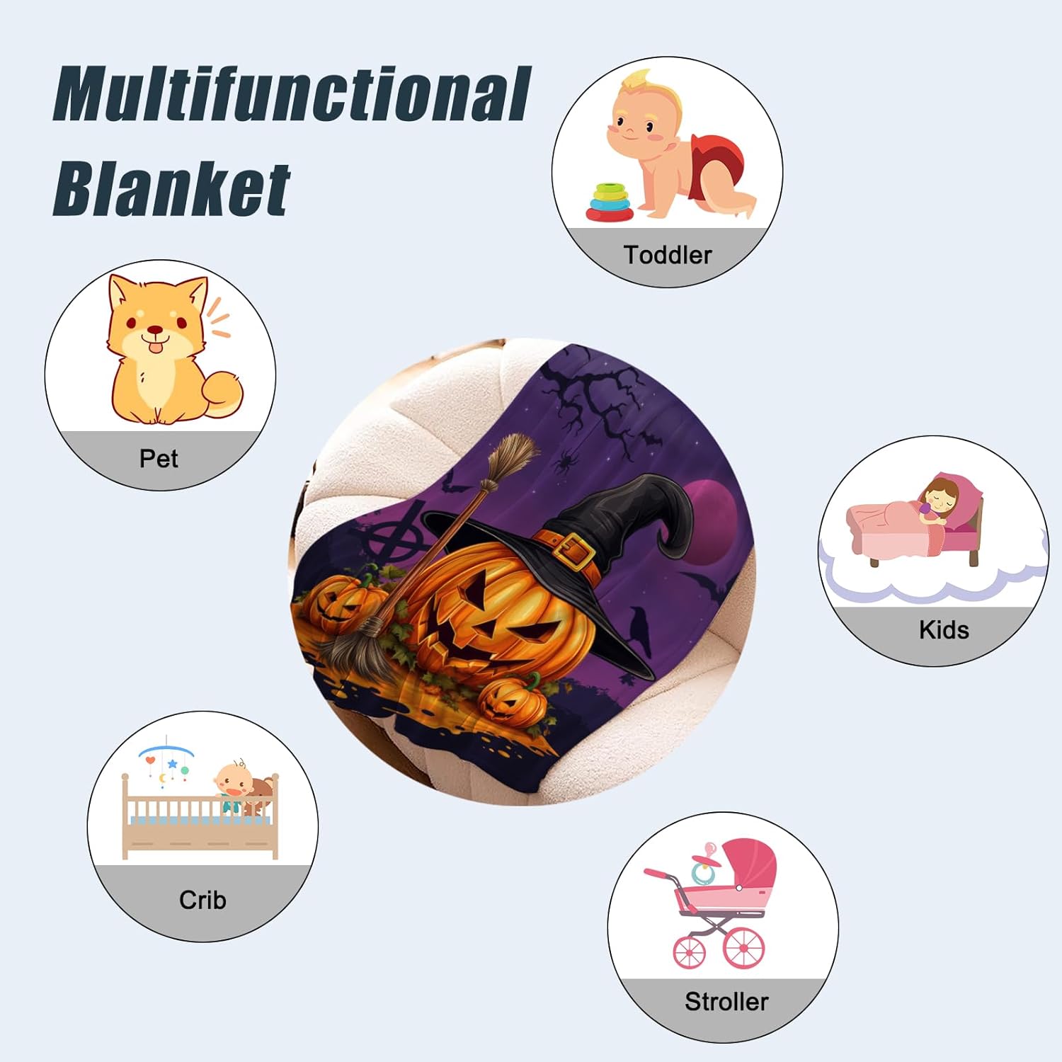 Neatee Living Manta de Halloween con diseño de calabazas moradas, manta de bruja para bebé, manta para mascotas, ligera, mullida, suave, manta de