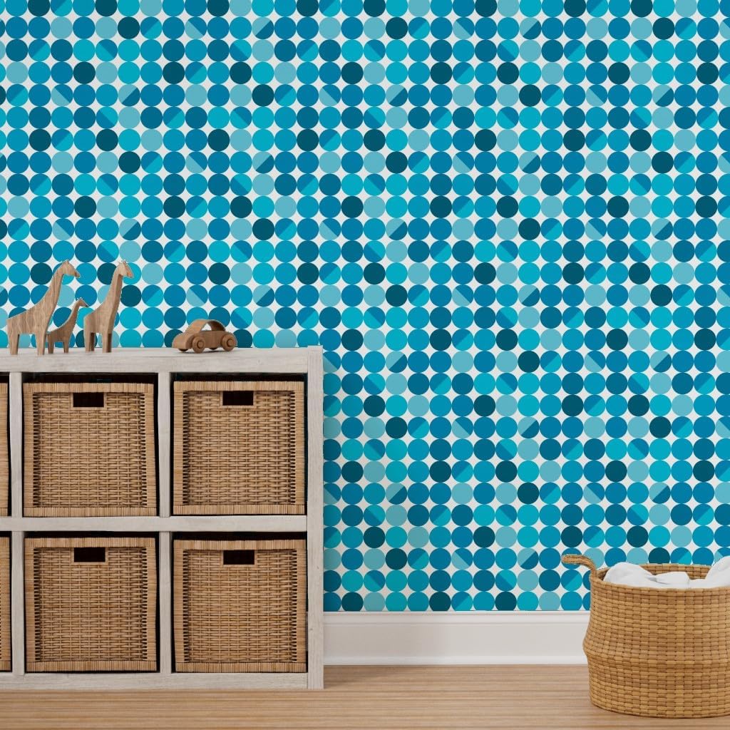 Spoonflower Peel & Stick Wallpaper Swatch – Blue Moon White Retro Circles Midcentury Modern Cool Lampshade Custom Removable Wallpaper