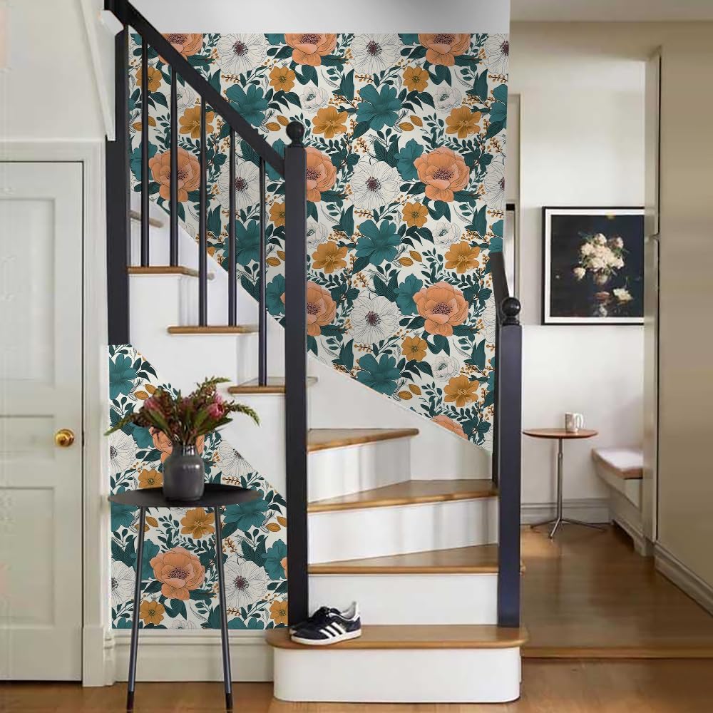 Papel tapiz autoadhesivo de 18 x 236 pulgadas, diseño floral de peonía azulnaranja, papel de contacto extraíble, fácil de despegar para cocina,