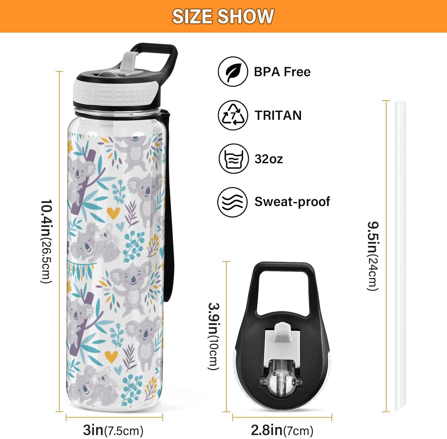Botella de agua deportiva de 32 onzas con diseño de osos koala y flores, a prueba de fugas, con tapa de pajilla, reutilizable, transparente, sin