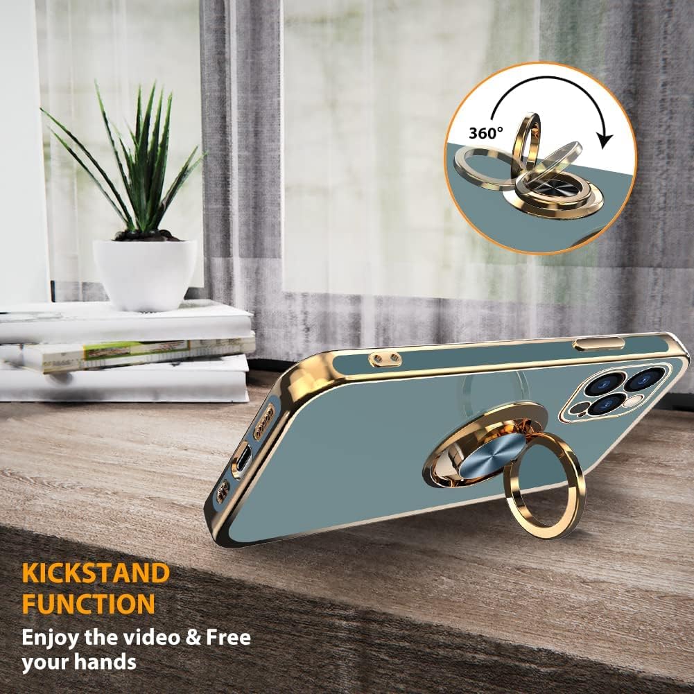 OOK Funda compatible con iPhone 13 Pro con soporte para anillo, protección completa para lente de cámara, chapado en oro rosa, 360, soporte de