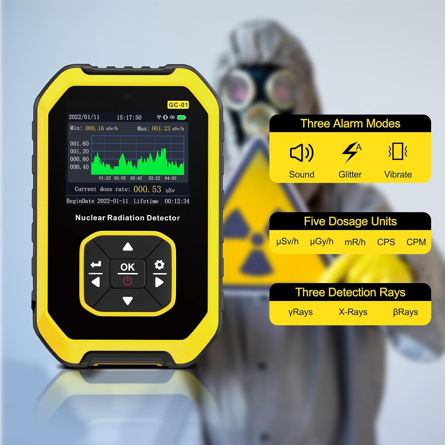 Geiger – Detector de radiación nuclear, dosímetro de radiación, portátil beta gamma, medidor de radiación recargable con pantalla LCD, 5 unidades de