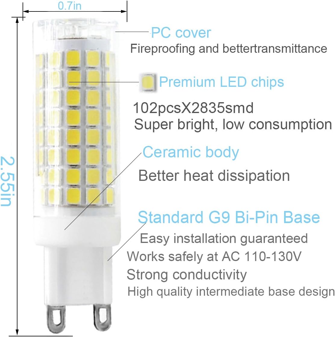 XRZT Bombillas LED G9, color blanco, 6000 K (7 W), 60 W, 75 W, equivalentes a halógenas, T4 750 Lm AC120V G9, bombillas de araña para iluminación
