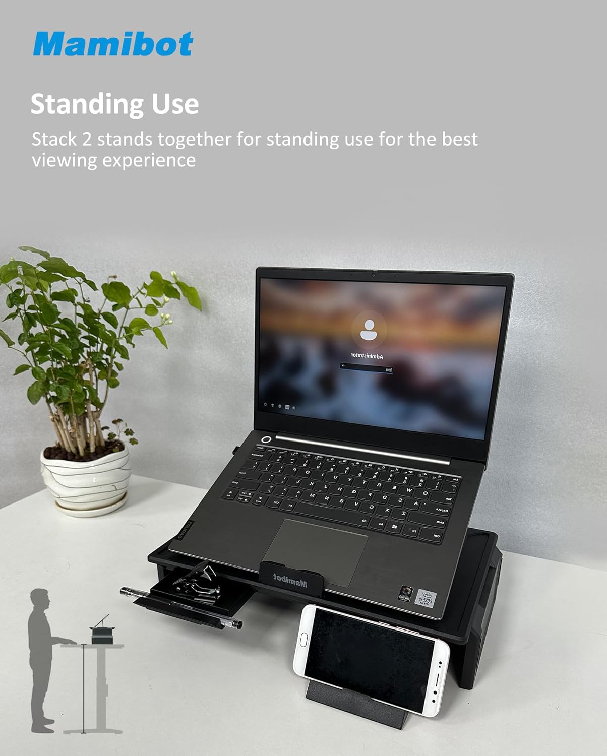 Mamibot Paquete de 2 soportes elevadores para computadora, soporte para laptop con cajón de almacenamiento, desmontable y apilable 2 en 1, soporte