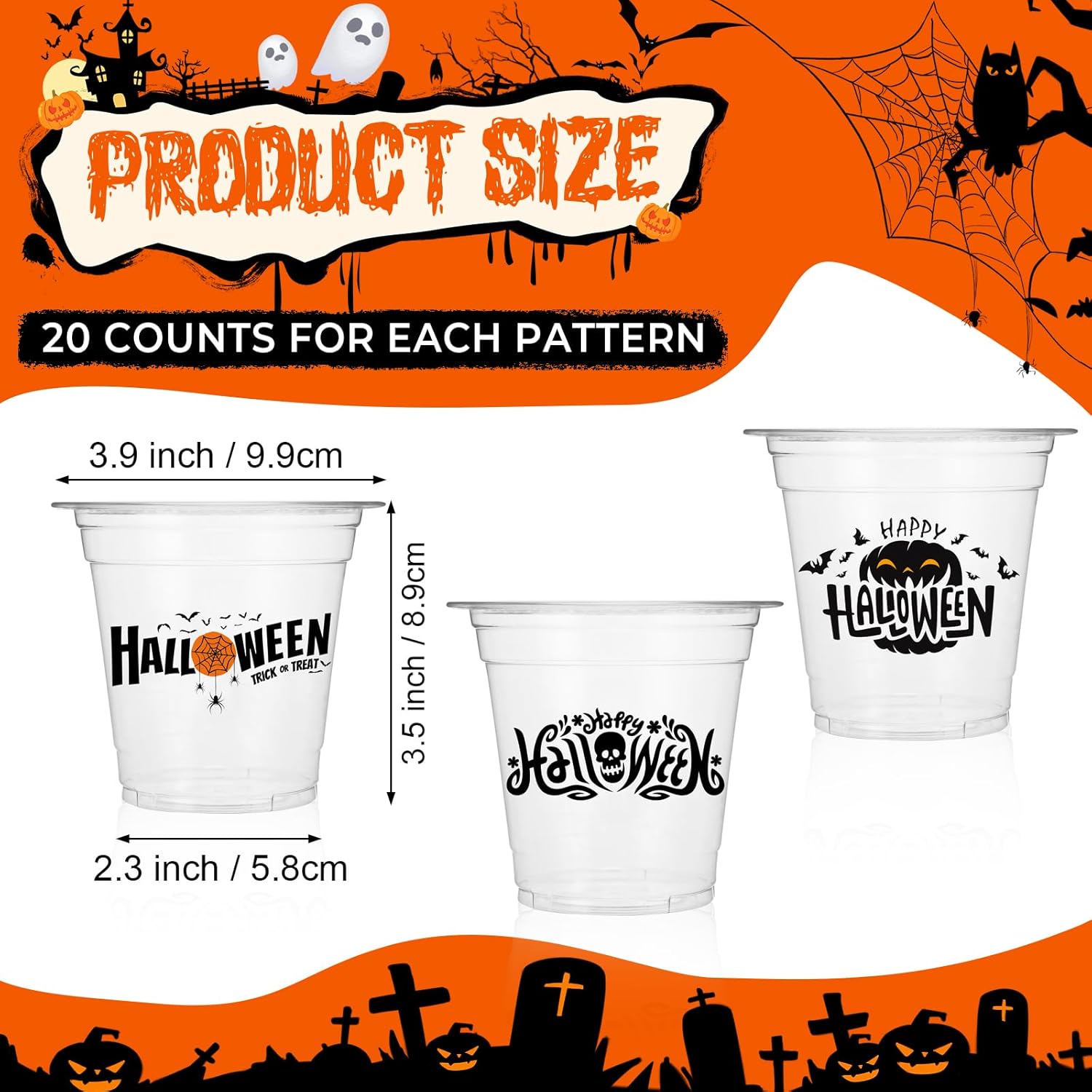 Sliner 60 vasos de plástico desechables transparentes de 12 onzas para Halloween, murciélagos, fantasmas, arañas, suministros de fiesta de Halloween