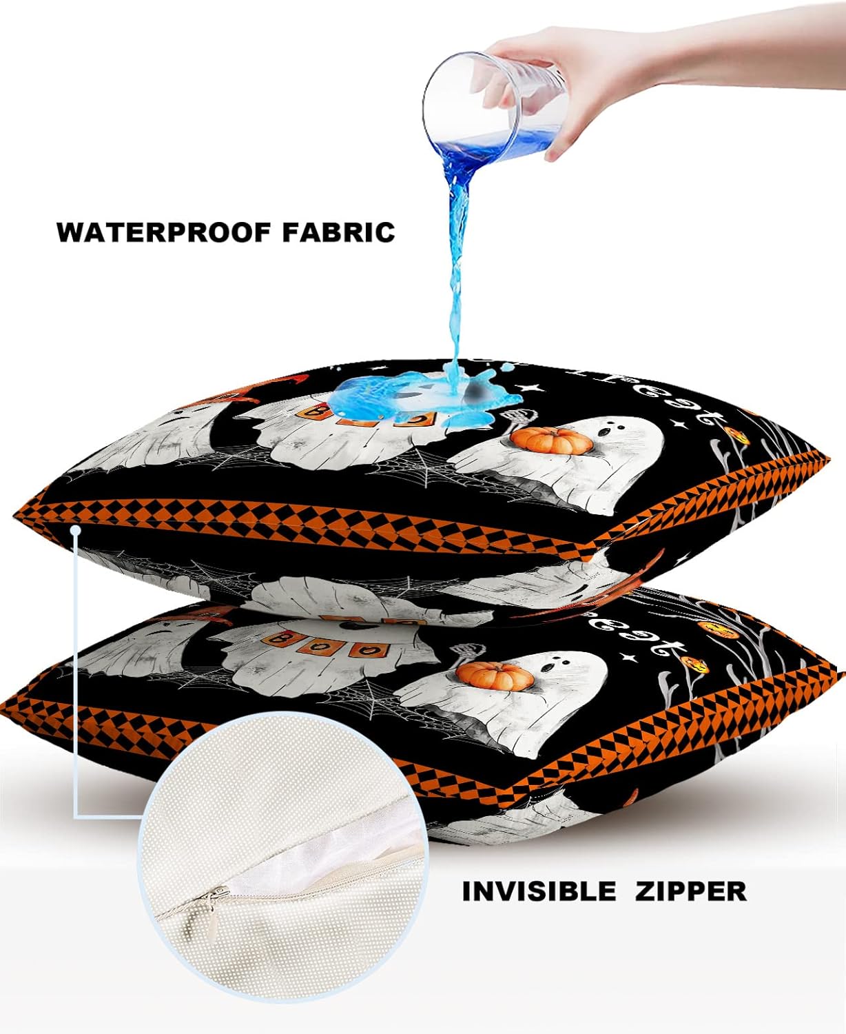 Fundas de almohada impermeables para exteriores, 16 x 16 pulgadas, diseño de fantasma y calabaza, sombrero de bruja, fundas de cojín decorativas