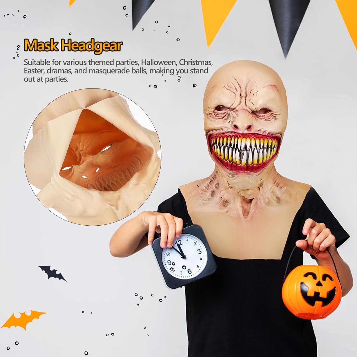 Toyvian Máscara de fantasma de Halloween, máscara de zombi de cabeza completa, de látex natural, monstruo con colmillos, para Halloween, vampiro,