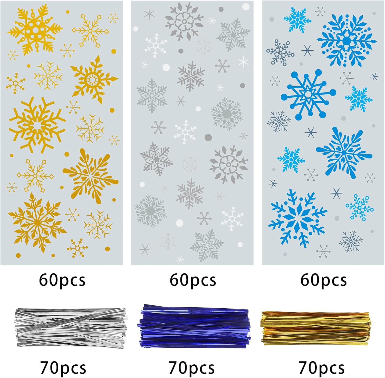 CCINEE 180 bolsas de celofán de Navidad para niños, bolsas de regalo de copo de nieve de Navidad con lazos metálicos para suministros de fiesta,