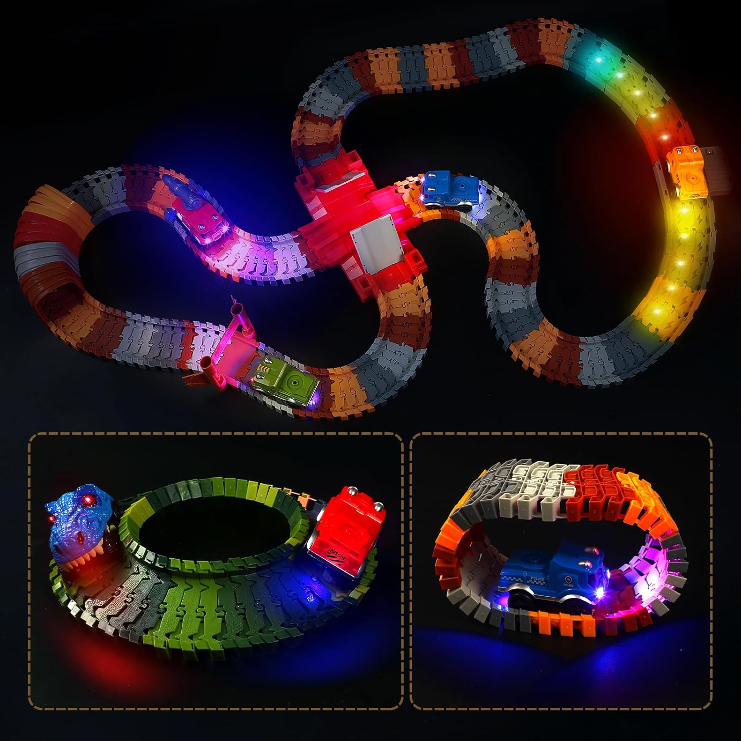 Solo repuesto de autos de pistas, autos de pista que brillan en la oscuridad, accesorios para pistas de automóvil con 3 luces LED intermitentes,