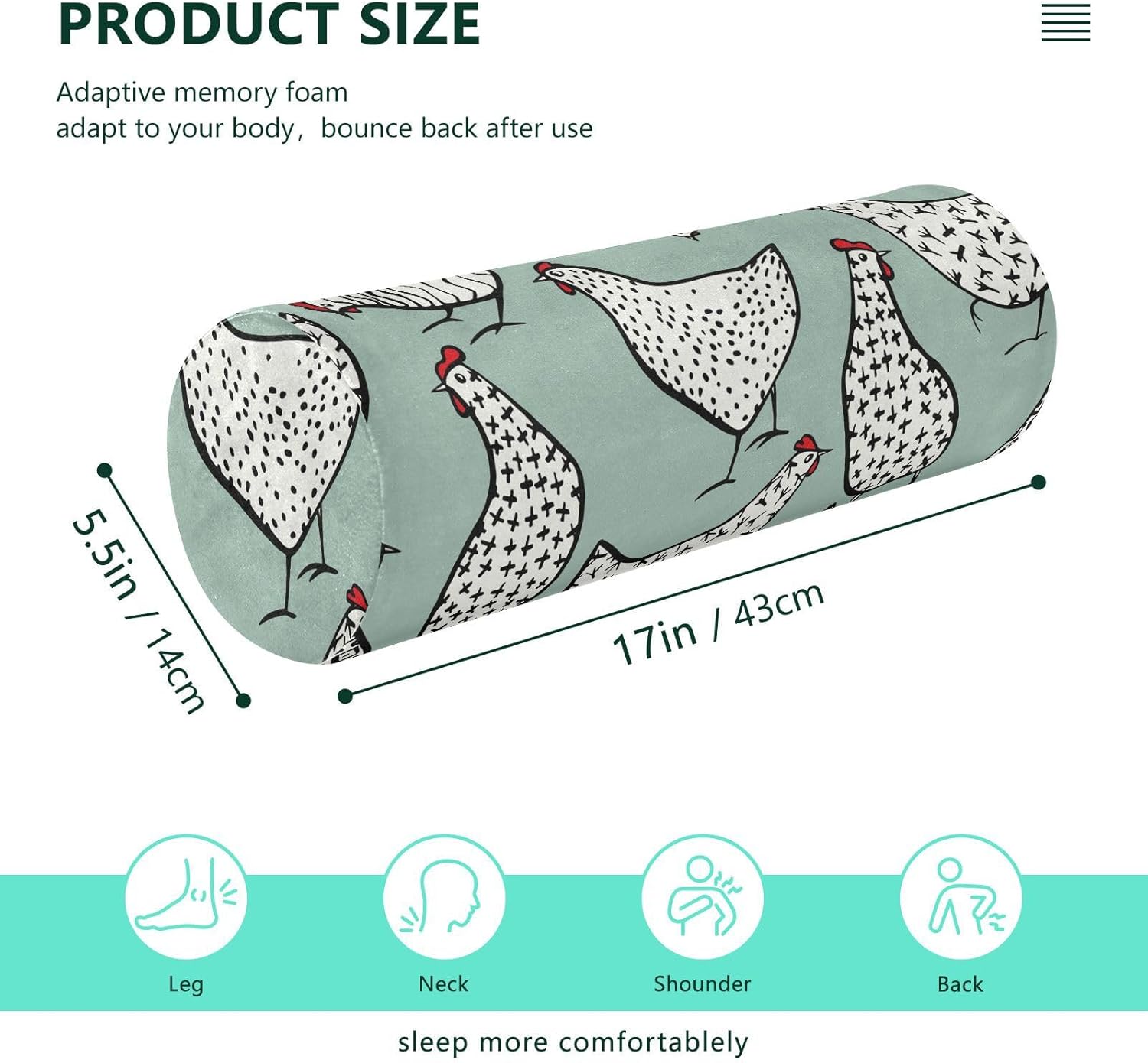 Hand Drawn Chickens Round Bolster Pillow Neck Roll Pillows Round Pillow Insert Cylinder Pillow for Knees Neck Support Pillows for Sleeping