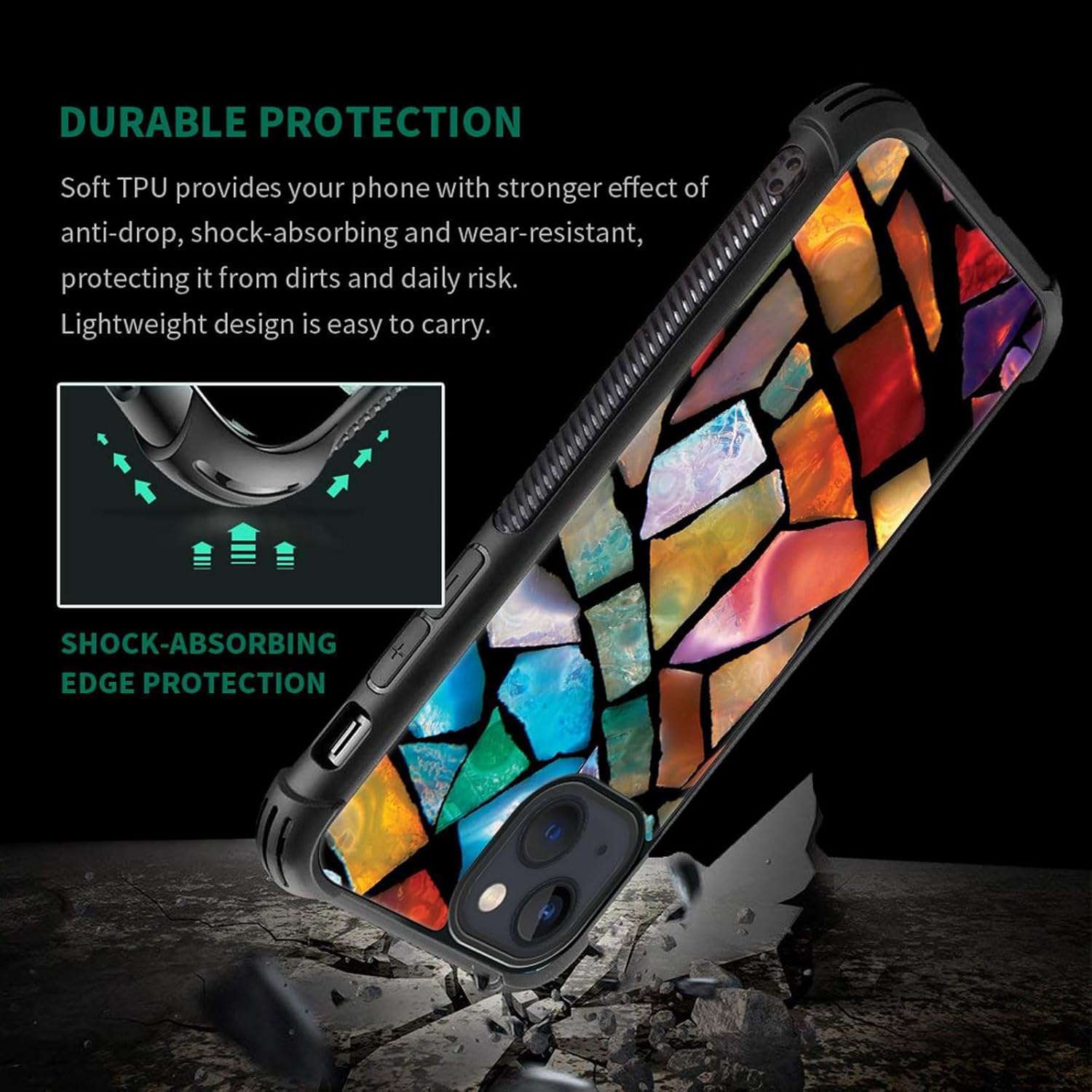 ZHEGAILIAN Funda compatible con iPhone 15 Plus, vitrales de mosaico de fiesta divertida, parte trasera de vidrio templado + funda protectora de