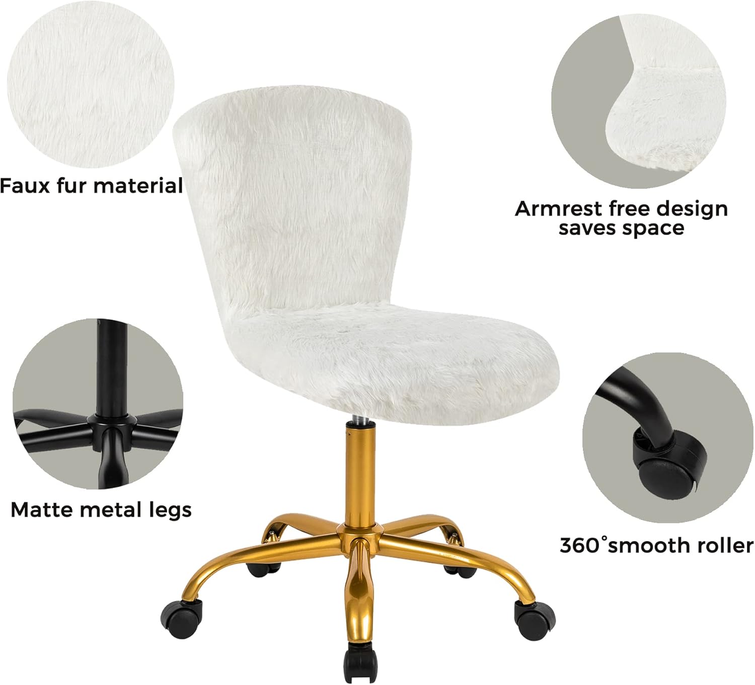 GIA Silla giratoria ajustable de respaldo medio con piel sintética, tamaño de asiento mejorado para adultos, color blanco