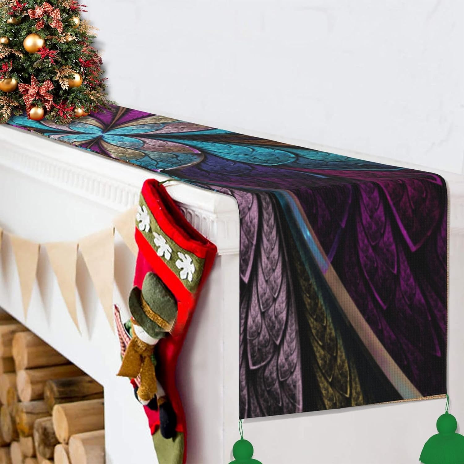 Camino de mesa de Navidad con diseño de mariposas y arco iris, decoración de mesa de comedor, decoración de Navidad para interiores, decoración del