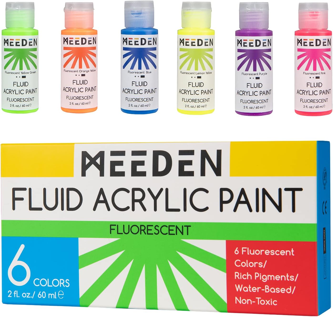 MEEDEN Juego de pintura acrílica fluorescente, 6 colores de alto flujo (2 onzas, 2.0 fl oz), acrílico líquido neón, pinturas que brillan en la