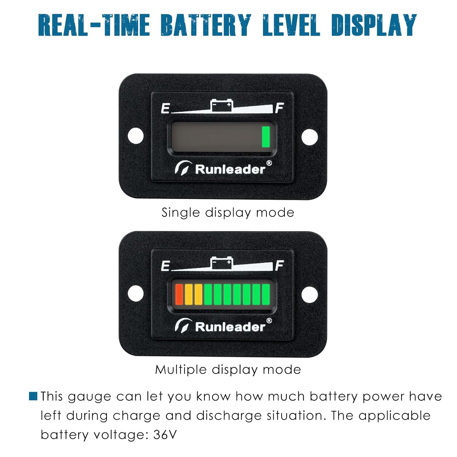 Runleader Monitor de nivel de batería LED, Volt.36V, pantalla de carga y descarga, solo apto para batería de plomo-ácido, funciona en palos de golf,