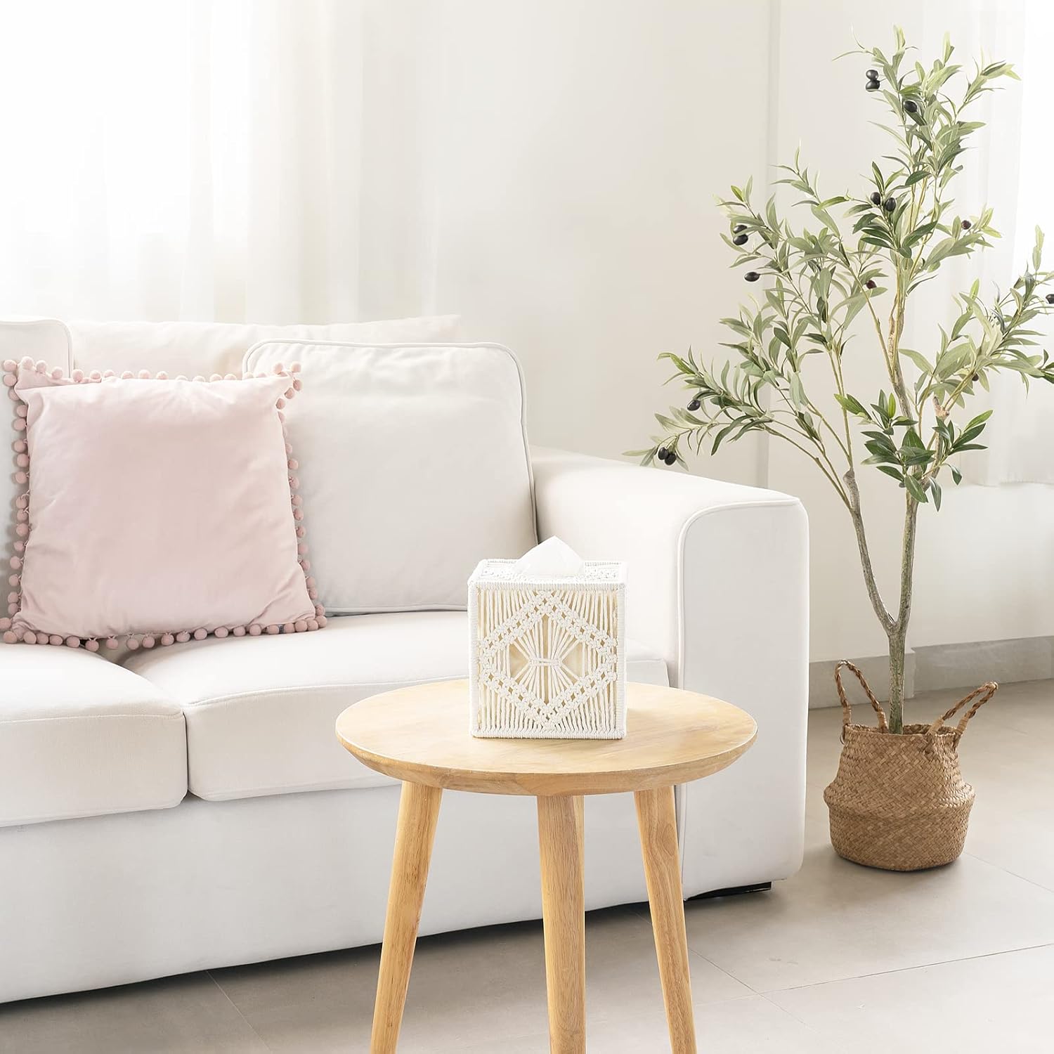 Mkono Soporte para brochas de maquillaje de macramé y cubierta de caja de pañuelos, decoración bohemia para baño, dormitorio, tocador, sala de