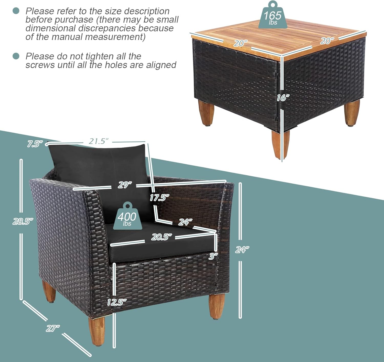 Tangkula Patiojoy Juego de muebles de patio de 3 piezas, juego de bistró de mimbre de polietileno para exteriores con cojines suaves y madera de