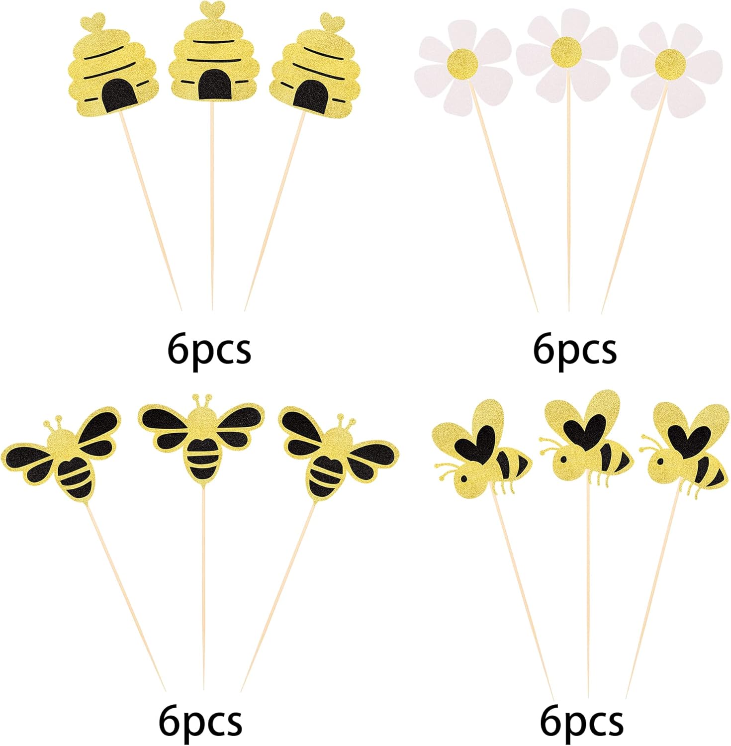 Paquete de 24 adornos para cupcakes de abejorros con purpurina de abeja, panal, panal, cupcakes, para revelación de género, baby shower, niños,