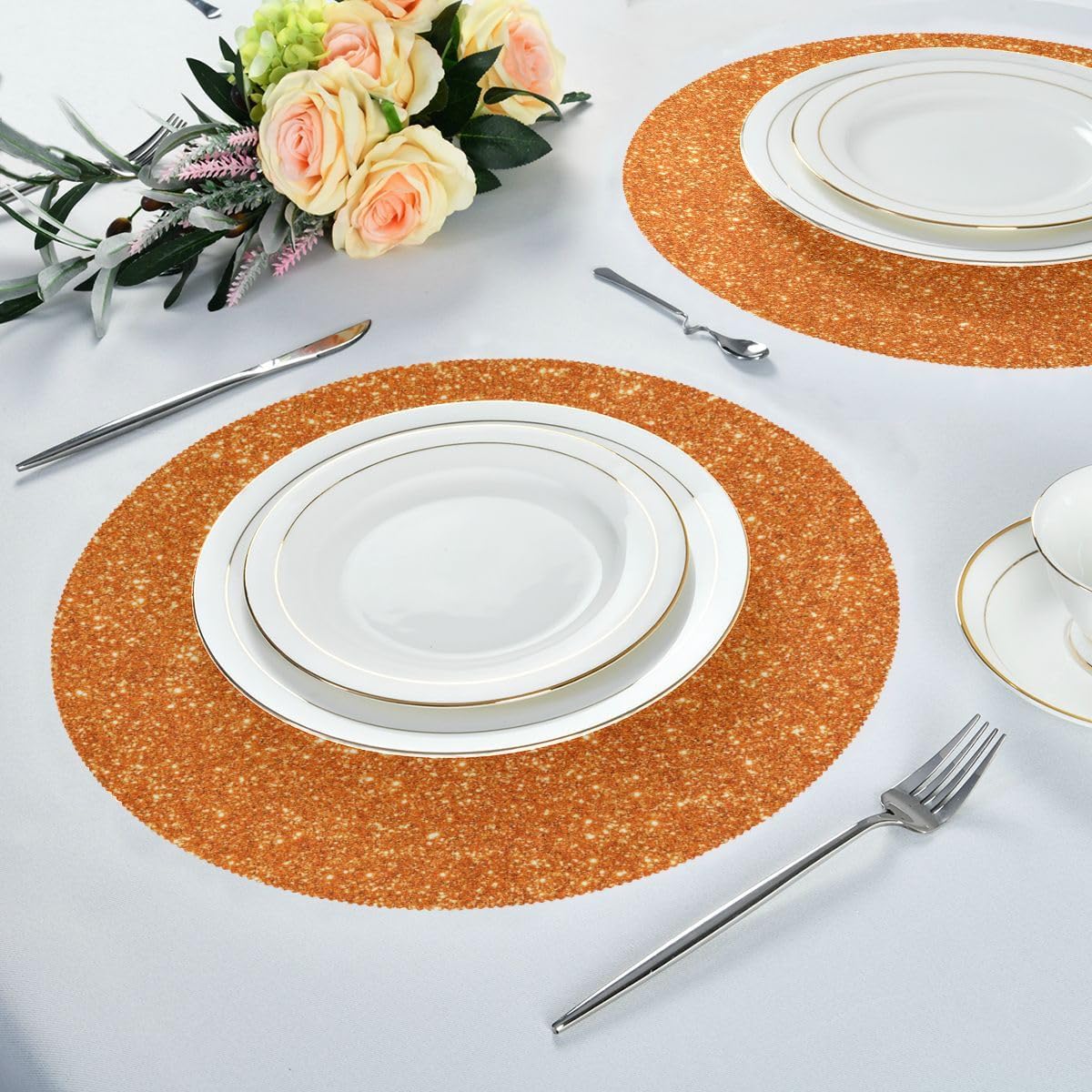 Juego de 6 manteles individuales redondos con purpurina de color naranja brillante para cocina, para decoración de fiestas del hogar, vacaciones, 15