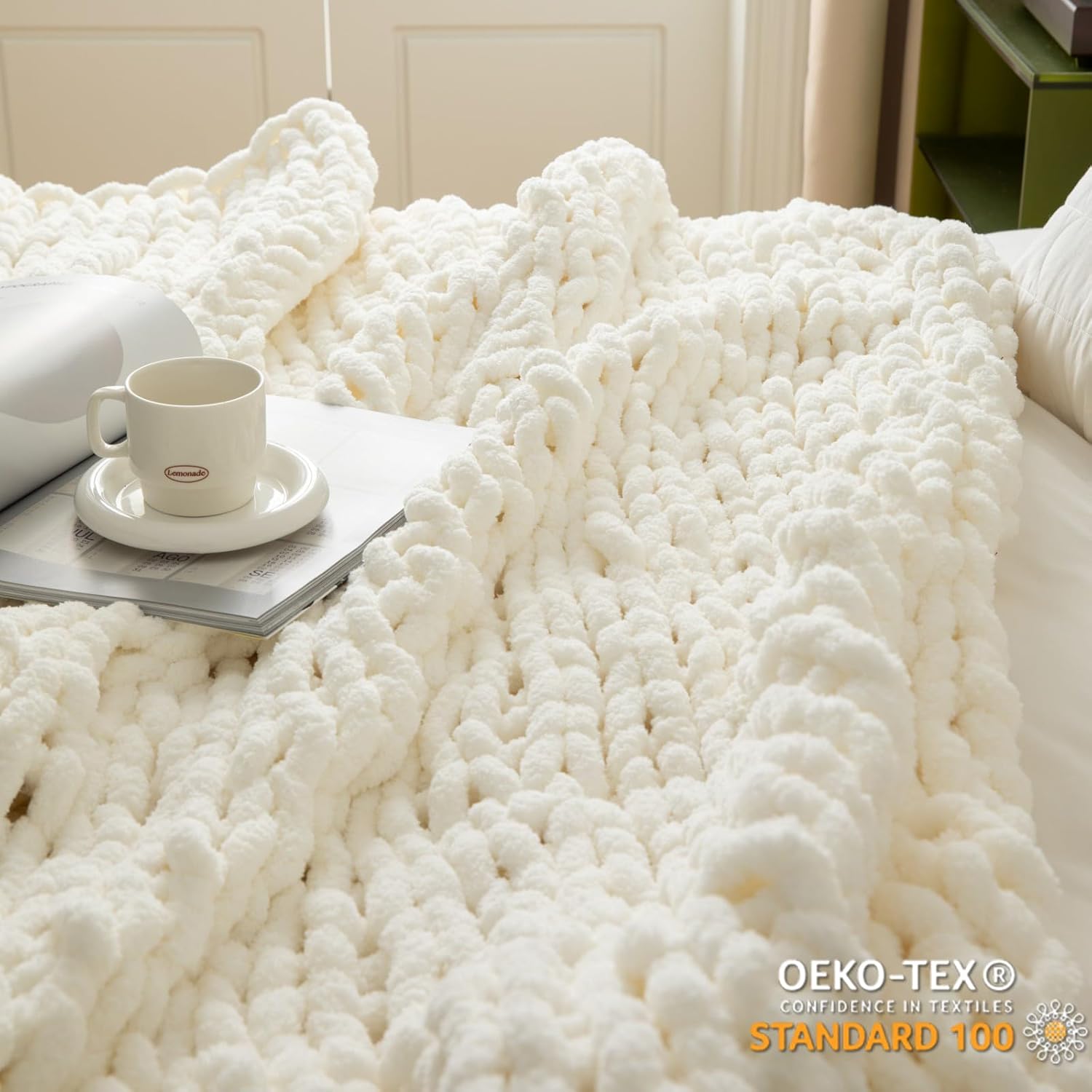 Manta de punto grueso, manta de punto para sofá o cama, manta suave y esponjosa con hilo de felpilla jumbo grueso, 100% hecha a mano (blanco crema,