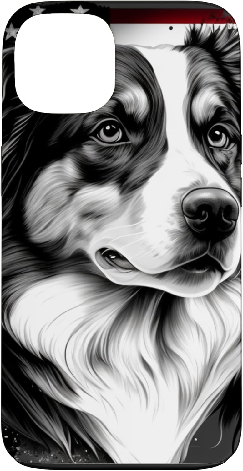 Funda para iPhone 13 con diseño de perro pastor australiano en blanco y negro