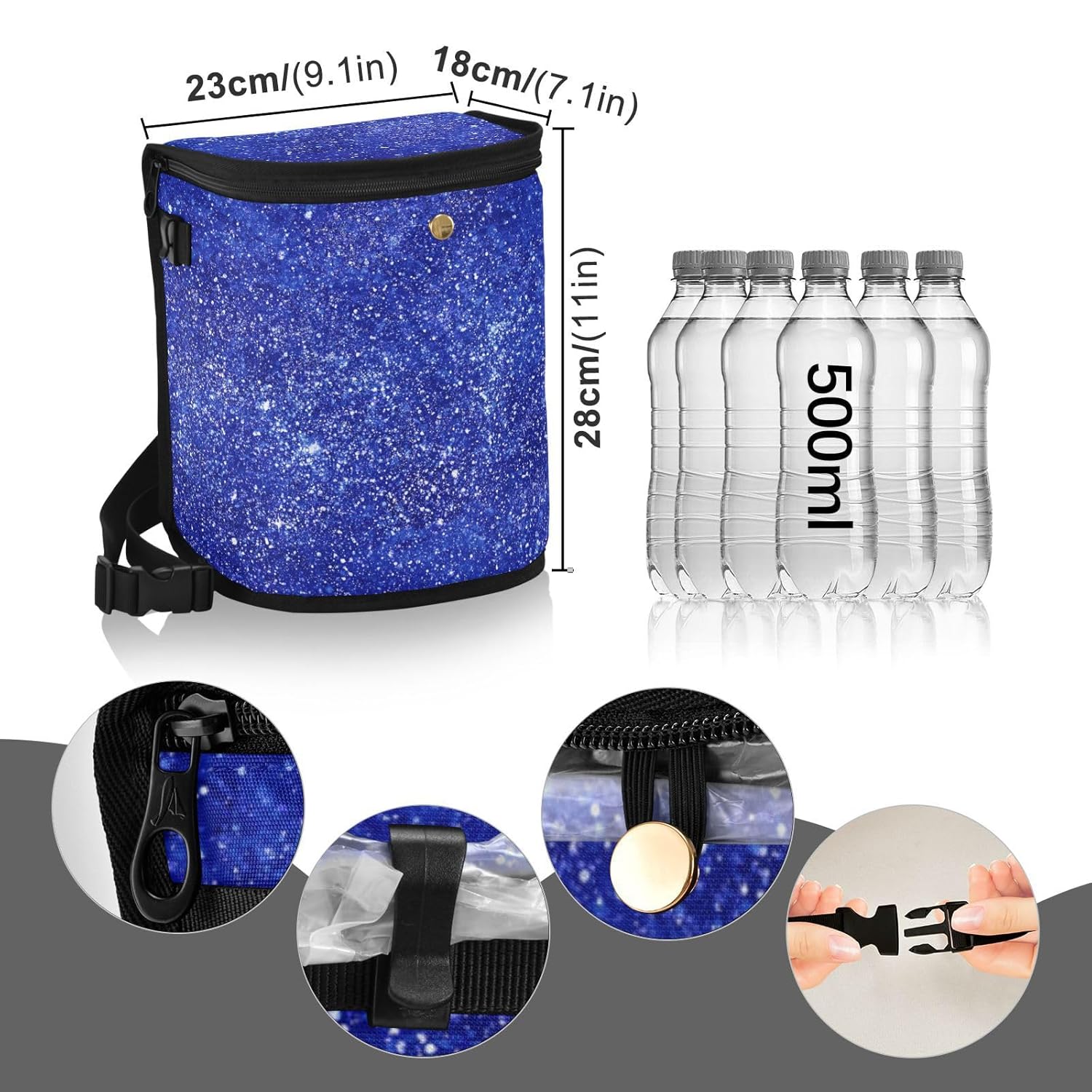Kigai Basurero impermeable para automóvil con tapa, cubo de basura azul con purpurina con correa ajustable, organizador multiusos para auto y bolsa