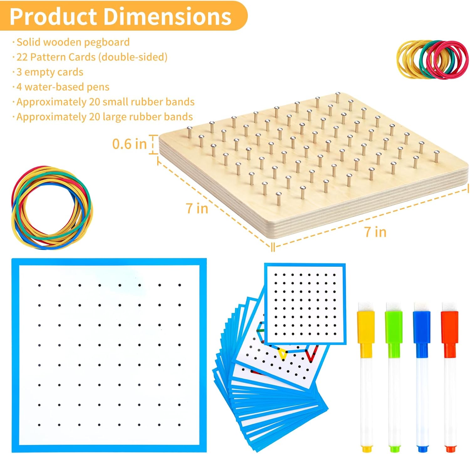 Geoboard de madera, juguete Montessori, juguete gráfico de educación matemática para niños con tarjetas de patrón y bandas de goma para figuras y