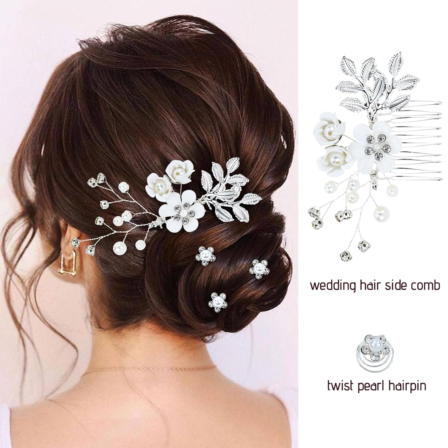 Cinaci 18 piezas de peines laterales de flores blancas con diamantes de imitación y perlas para novias, damas de honor, mujeres y niñas