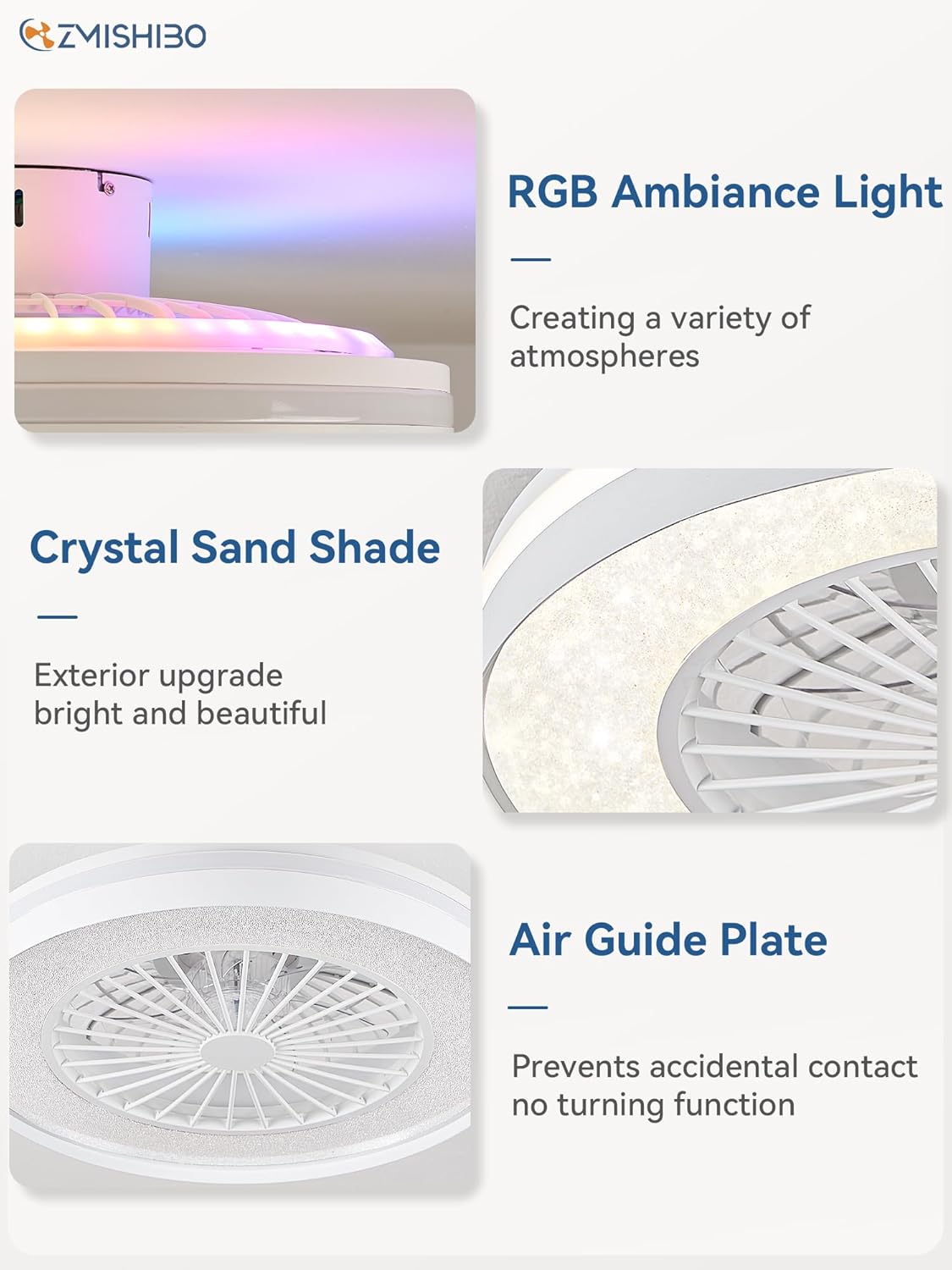 ZMISHIBO Ventilador de techo cerrado inteligente con WiFi y Bluetooth de 20 pulgadas con luz RGBCW, moderno ventilador de techo sin aspas con