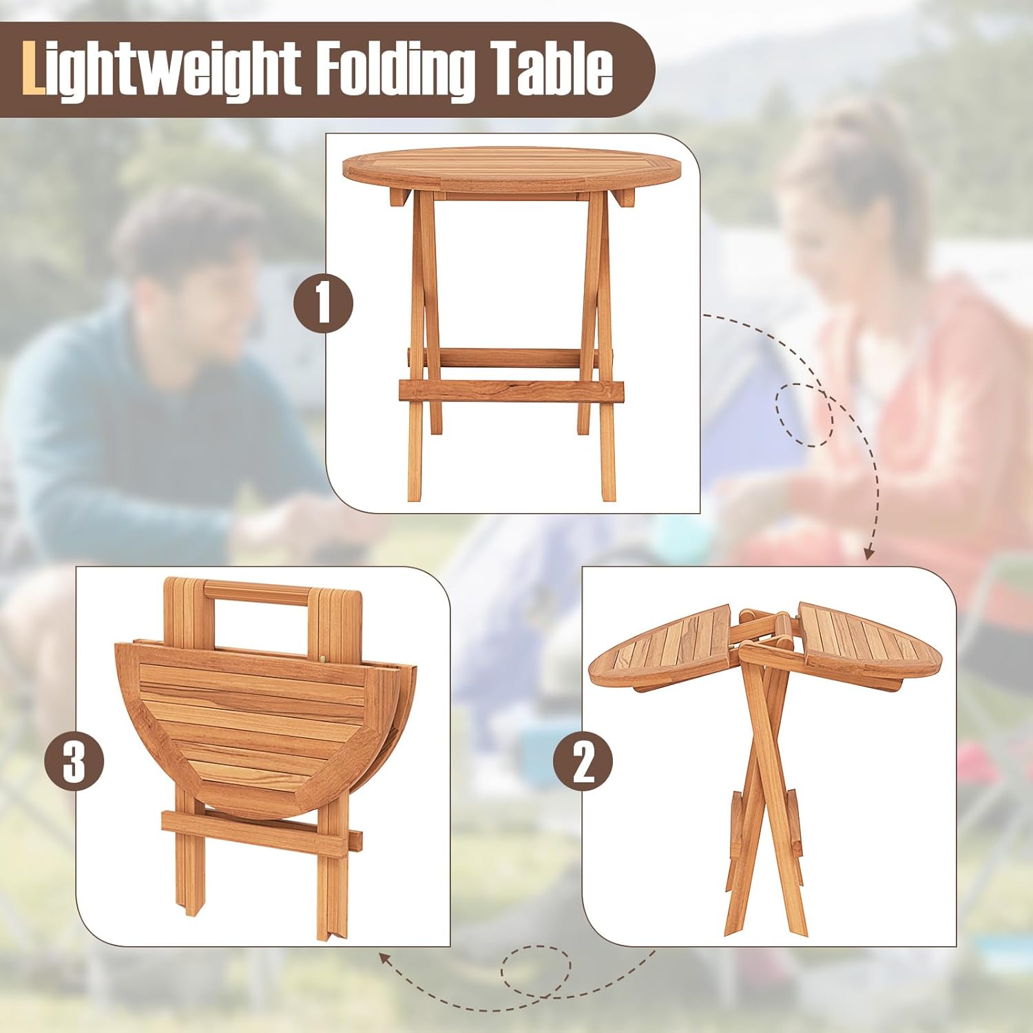 RELAX4LIFE Mesa auxiliar plegable para exteriores, mesa auxiliar de madera de teca, mesa auxiliar redonda para interiores con mesa de listones,