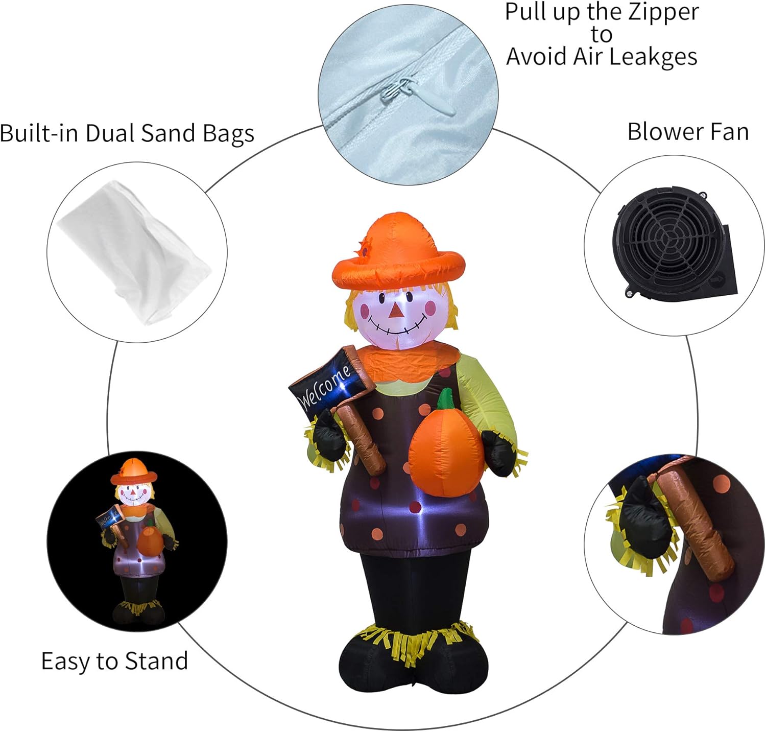 AJY Espantapájaros inflable de cosecha de Acción de Gracias de 6 pies con calabaza inflable para interiores y exteriores, decoración de césped