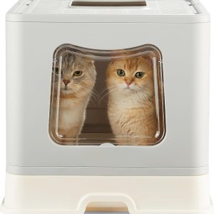Vealind Caja de arena extragrande para gatos con tapa para gatos grandes o gatitos, caja de arena plegable con cuchara para varios gatos, caja de Vealind Caja de arena extragrande para gatos con tapa para gatos grandes o gatitos, caja de arena plegable con cuchara para varios gatos, caja de
