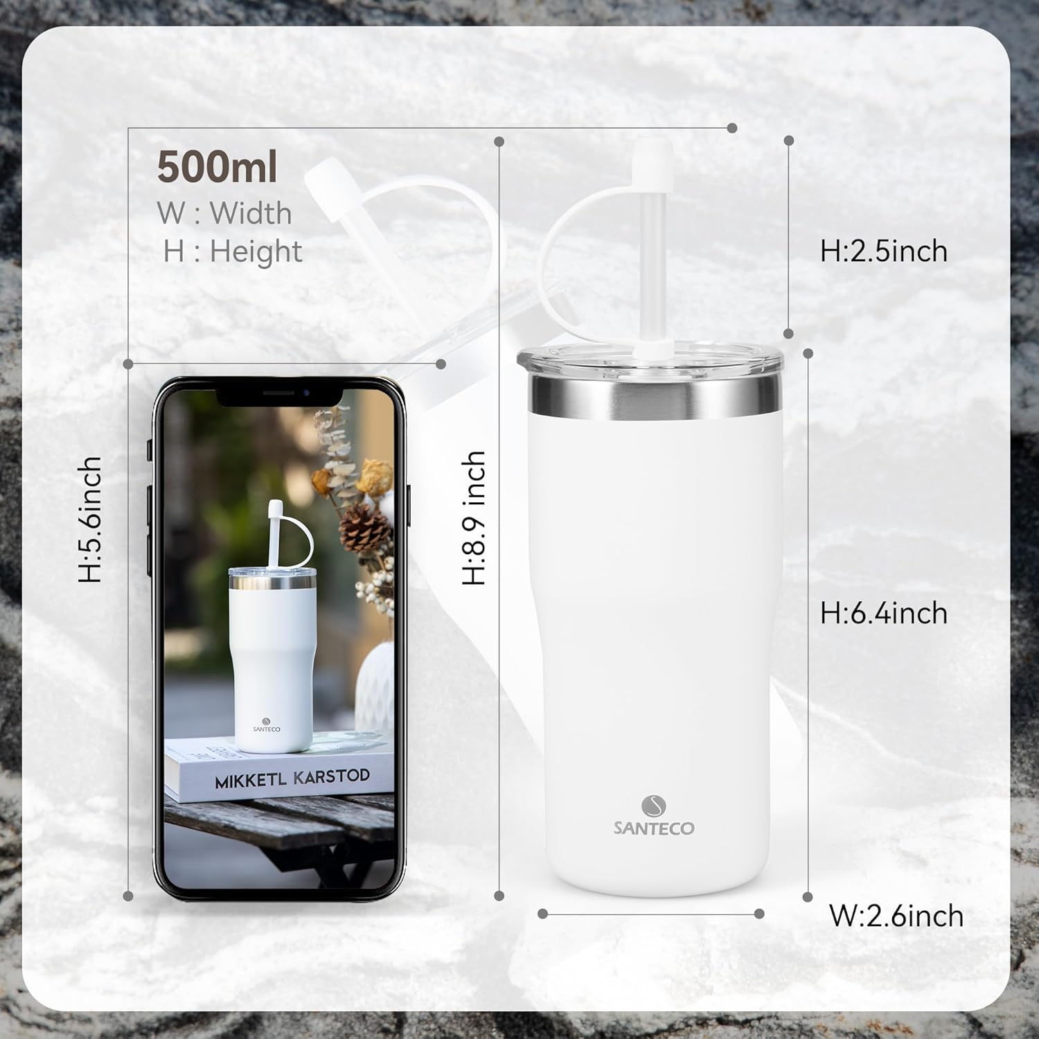 SANTECO Vaso aislado con tapa y popote, taza de café helado de 17 onzas, taza de viaje reutilizable, botella de agua de acero inoxidable 188,