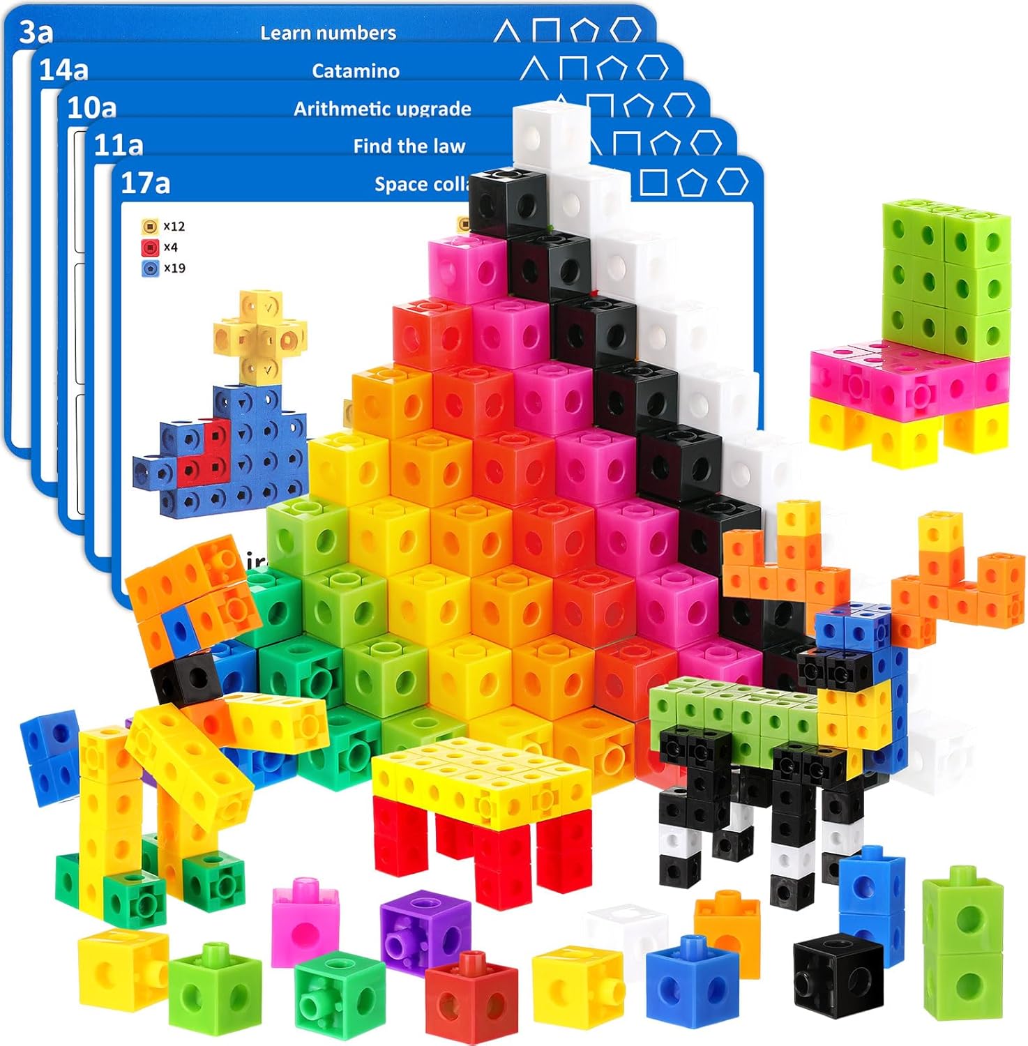 Jenaai 500 cubos de vinculación con 18 piezas de tarjetas madre, cubos de conteo de plástico, cubos de matemáticas coloridos, manipulativos de
