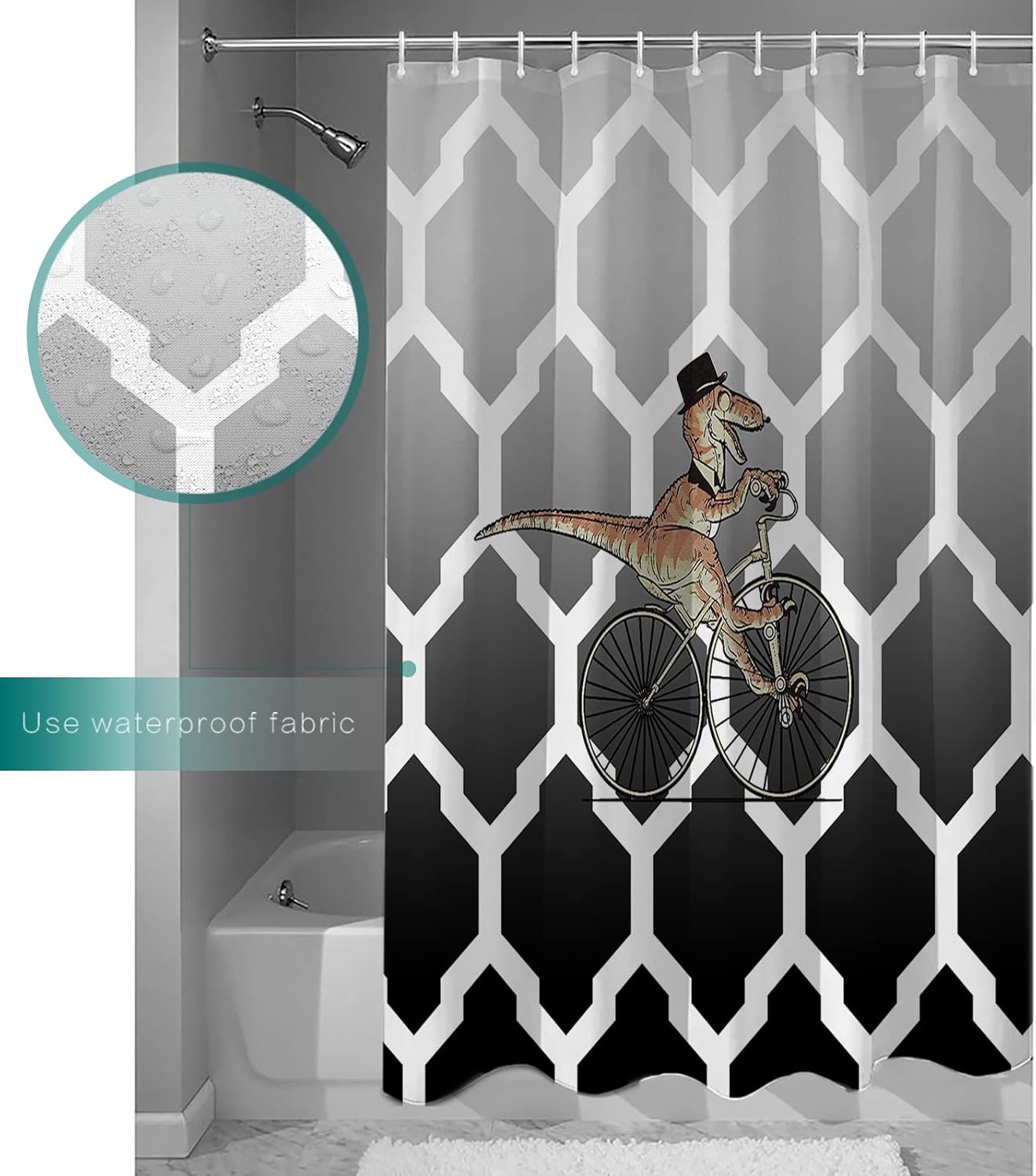 Vandarllin Divertida cortina de ducha con diseño geométrico de dinosaurio para bicicleta, juego de cortinas de ducha para niños, con ganchos, tela