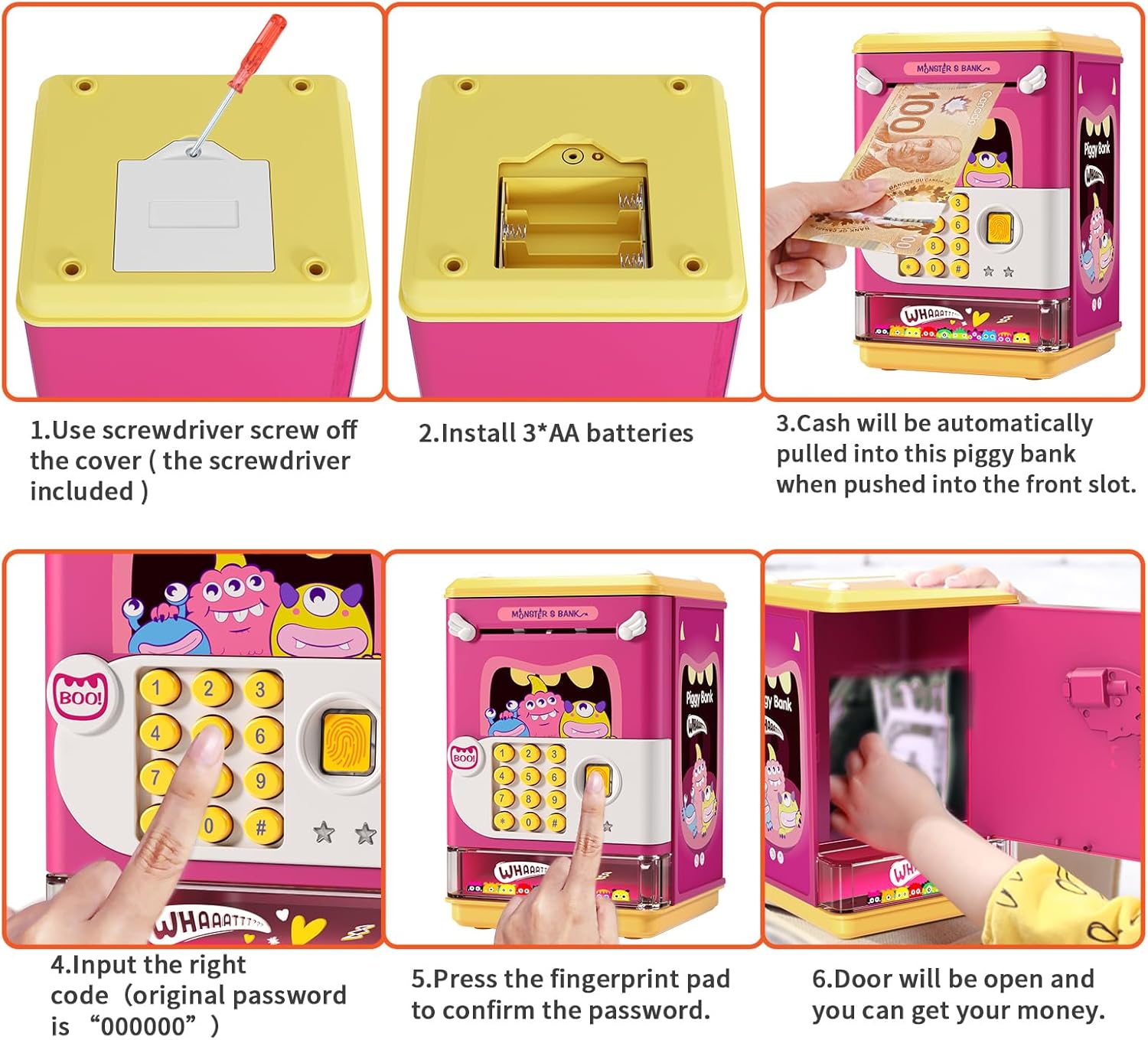 Deejoy Alcancía para niños, mini cajero automático electrónico con contraseña personal y desbloqueo de huellas dactilares, música y luz nocturna, el