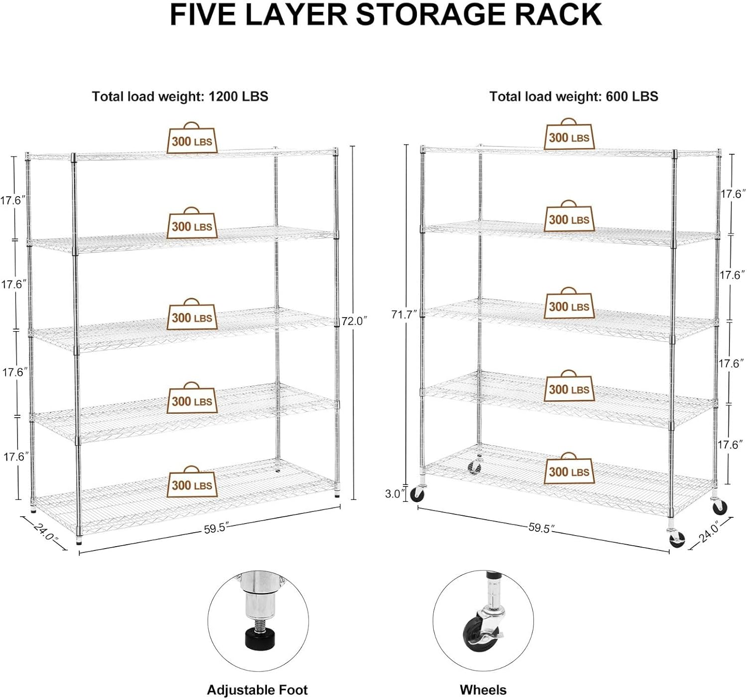 Estantería de alambre cromado, organizador de almacenamiento ajustable de metal resistente para despensa, garaje, baño, cocina, plata